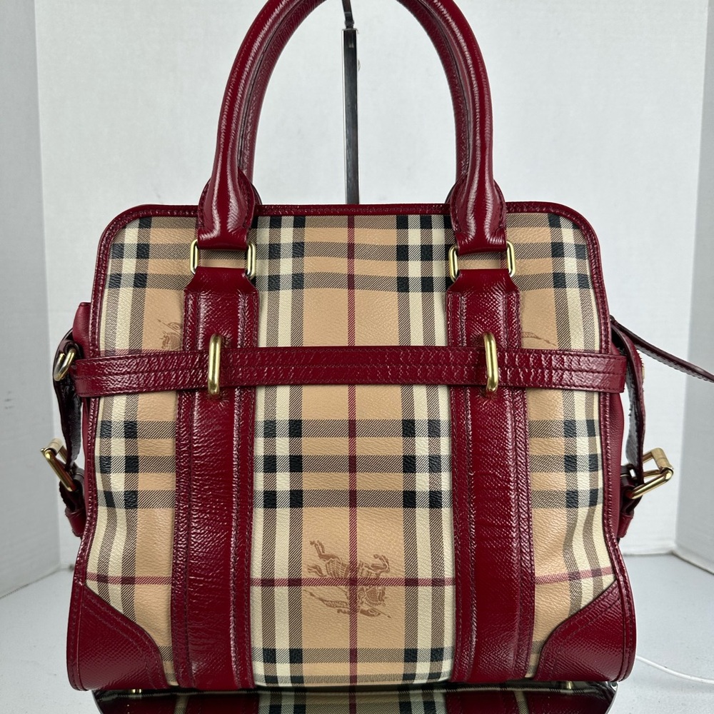 Heritage Plaid Satchel Handbag in Burgundy and Beige - Picture 2 of 11